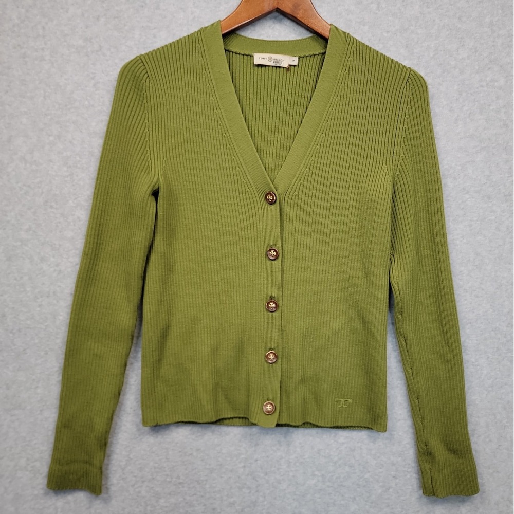 TORY BURCH Simone Ribbed Knit Cardigan Sweater Olive Green Wool Long Sleeve Sz S